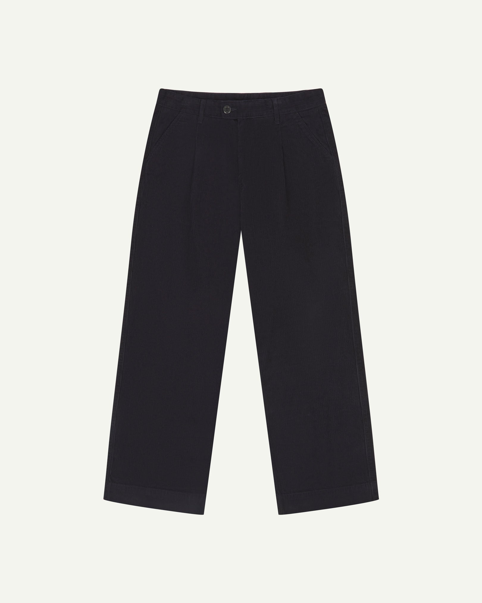 Front flat view of Uskees cord boat pants in midnight blue. Showing Corozo button fastening and wide leg fit.