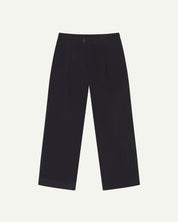 Front flat view of Uskees cord boat pants in midnight blue. Showing Corozo button fastening and wide leg fit.