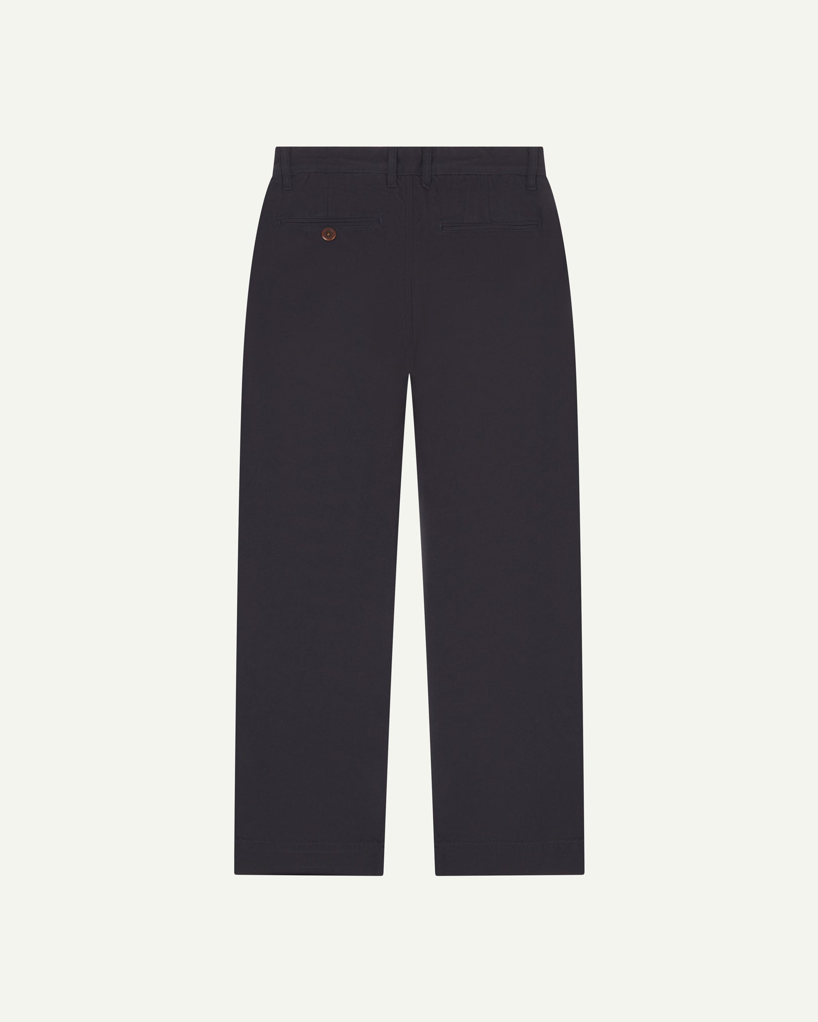 Back view of 5018 Uskees men's organic mid-weight cotton boat trousers in midnight blue showing wide leg style and buttoned back pocket.