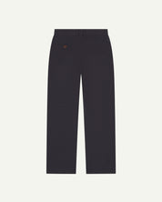 Back view of 5018 Uskees men's organic mid-weight cotton boat trousers in midnight blue showing wide leg style and buttoned back pocket.