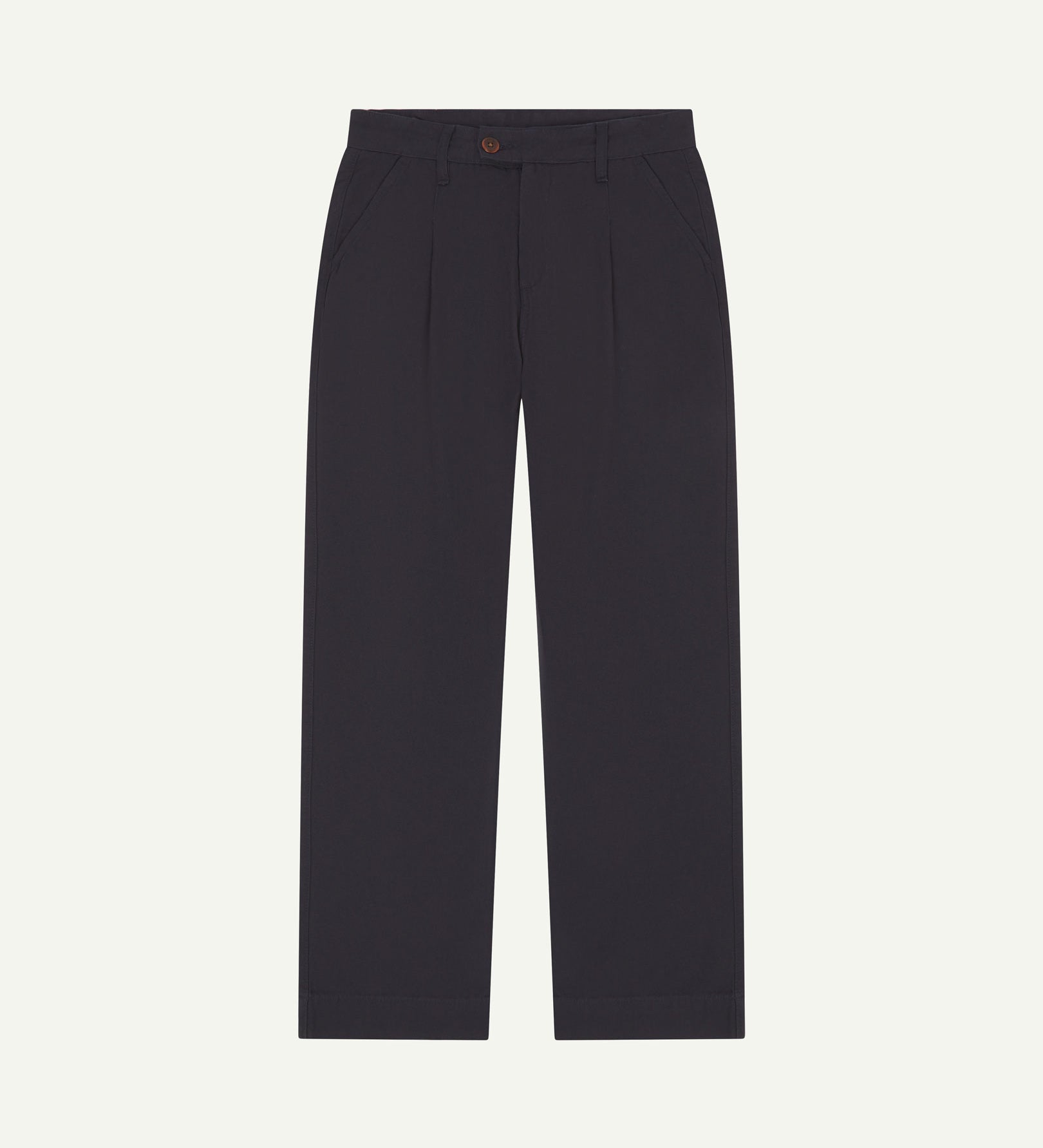 Front flat shot of 5018 Uskees men's organic mid-weight cotton boat trousers in midnight blue showing contemporary wide leg style.