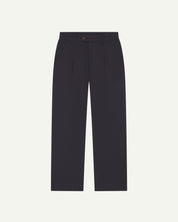 Front flat shot of 5018 Uskees men's organic mid-weight cotton boat trousers in midnight blue showing contemporary wide leg style.