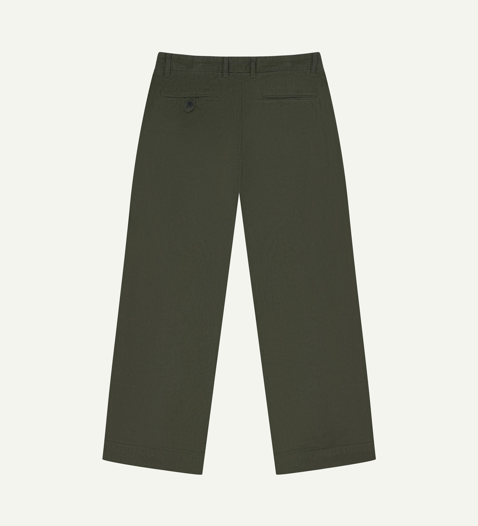 Back flat view of Uskees 5018 cord boat pants in vine green showing belt loops, back pockets and simple, vintage silhouette.