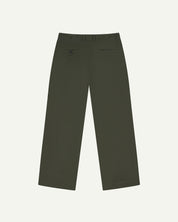 Back flat view of Uskees 5018 cord boat pants in vine green showing belt loops, back pockets and simple, vintage silhouette.