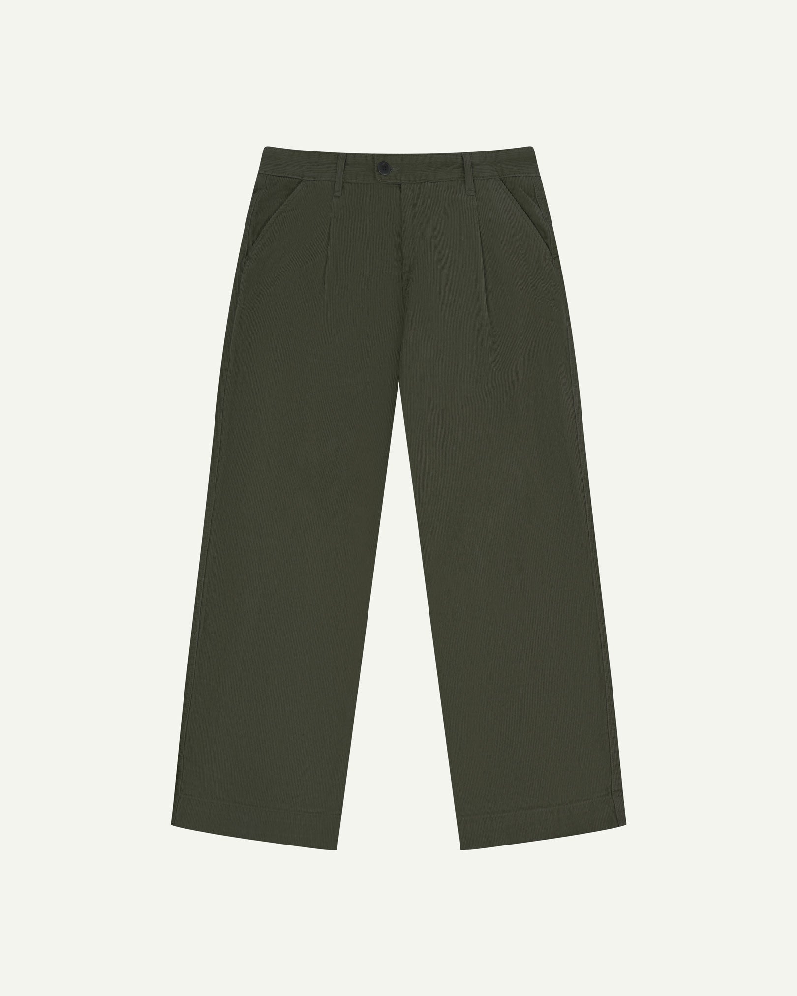 Front flat view of Uskees cord boat pants in vine green. Showing Corozo button fastening and wide leg fit.