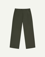 Front flat view of Uskees cord boat pants in vine green. Showing Corozo button fastening and wide leg fit.