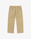 Front flat view of 5020 ripstop utility pants in khaki. Indicating drawstring, tapered fit on the leg, deep front pockets and reinforced knee patches. 