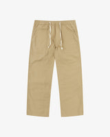 Front flat view of 5020 ripstop utility pants in khaki. Indicating drawstring, tapered fit on the leg, deep front pockets and reinforced knee patches. 