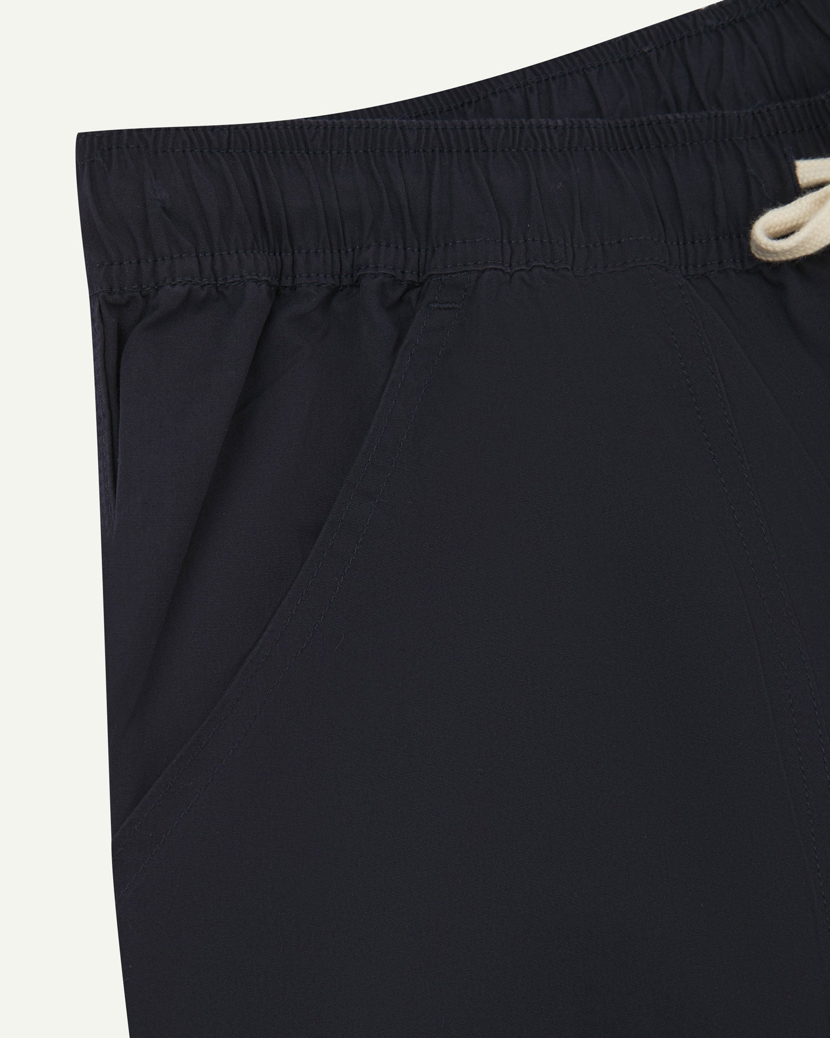 Front close-up shot of Uskees 5020 lightweight utility pants in midnight blue showing waist and front pocket detail.