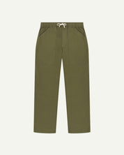 Flat front shot of the Uskees 5020 olive lightweight utility pants showing drawstring waist and large front pockets