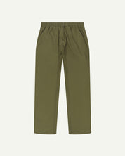 Flat back shot of the Uskees 5020 lightweight utility pants in olive-green showing drawstring waist and slighly tapered cut.