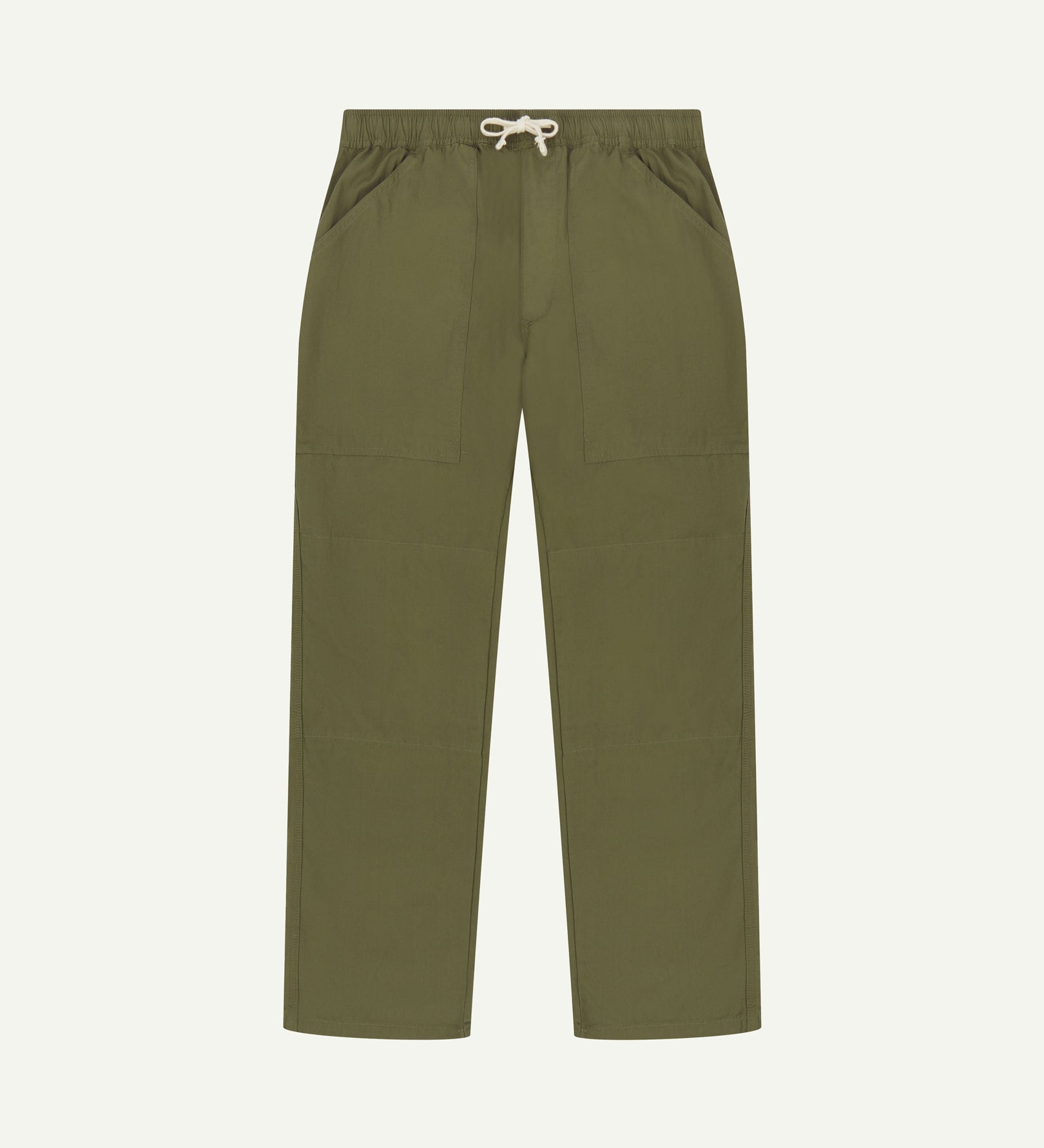 Flat front shot of the Uskees 5020 olive-green lightweight utility pants showing drawstring waist, reinforced knees and large front pockets.