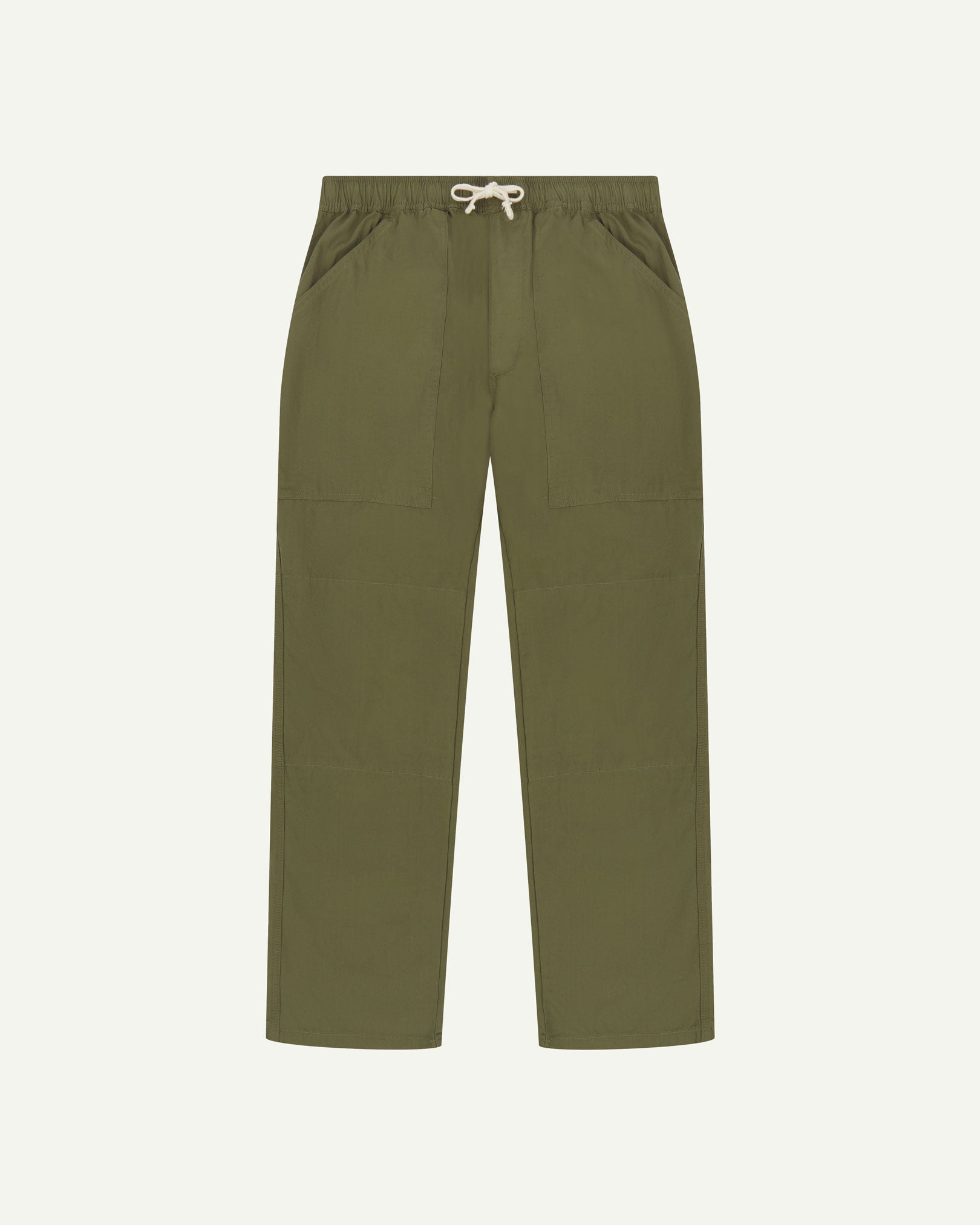 Flat front shot of the Uskees 5020 olive-green lightweight utility pants showing drawstring waist, reinforced knees and large front pockets.