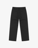 Full length back-view of black twill 5021 trousers with view of rear pockets, belt loops and gradually narrowing leg.