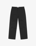 Front flat view of 5021 Uskees men's organic twill black painter pants with view of YKK zip fly and Corozo buttons.