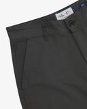 Close-up front view of left front pocket, belt loops, and branding label. Also a closer view of the smooth, sheer material.