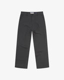 Front flat view of 5021 Uskees men's organic twill charcoal grey painter pants with view of YKK zip fly and Corozo buttons.