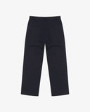 Full length back-view of midnight blue twill 5021 trousers with view of rear pockets, belt loops and gradually narrowing leg.