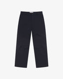 Front flat view of 5021 Uskees men's organic twill midnight blue painter pants with view of YKK zip fly and Corozo buttons.