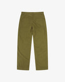 Back view flat shot of Uskees linen blend trousers in woodland green showing the back patch pockets.