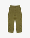 Front flat shot of Uskees linen blend trousers in woodland green.