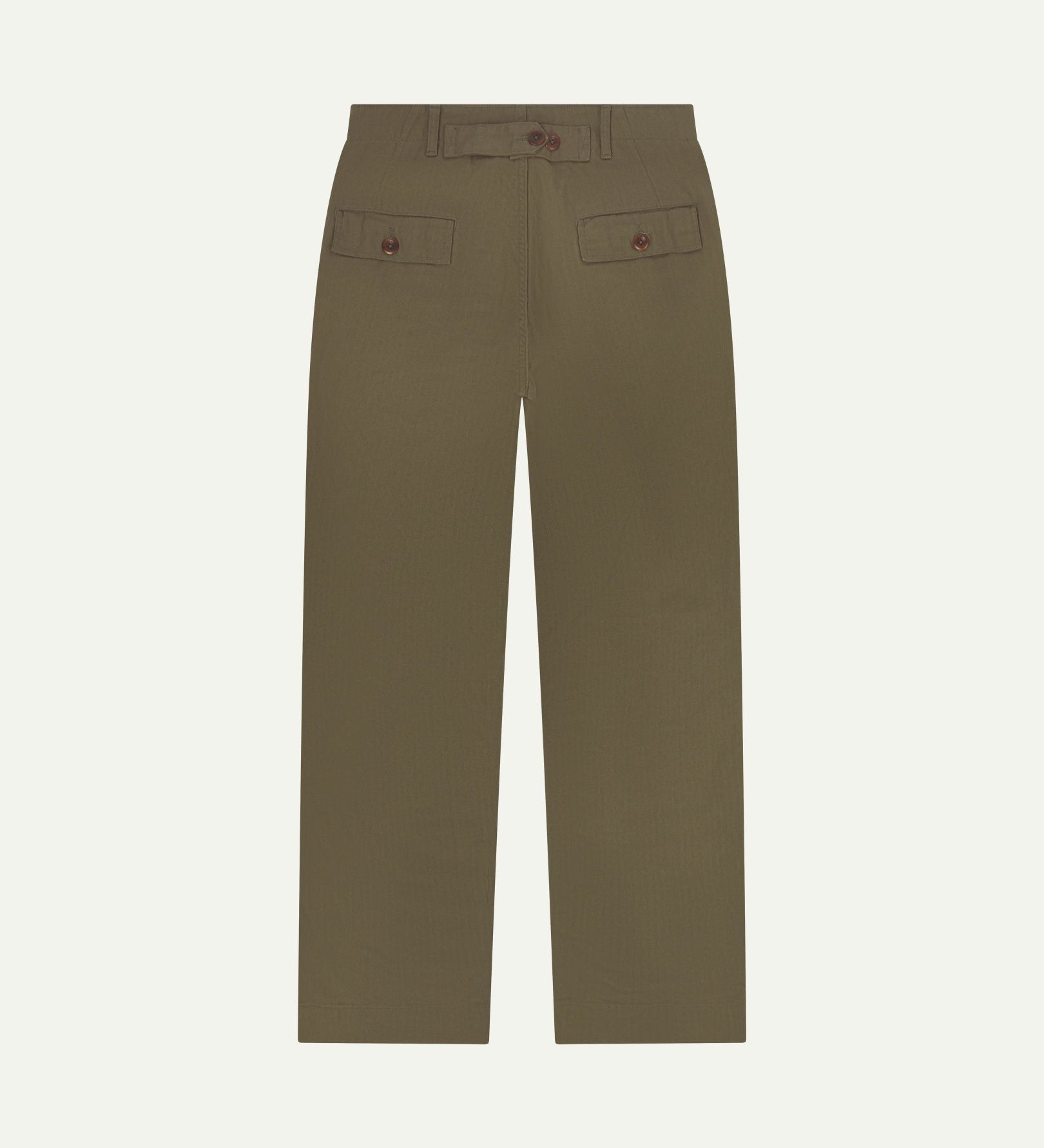 Back flat view of Uskees 5022 barrel leg pants in dark taupe showing cinch strap, belt loops, back pockets and flattering silhouette.