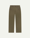 Back flat view of Uskees 5022 barrel leg pants in dark taupe showing cinch strap, belt loops, back pockets and flattering silhouette.