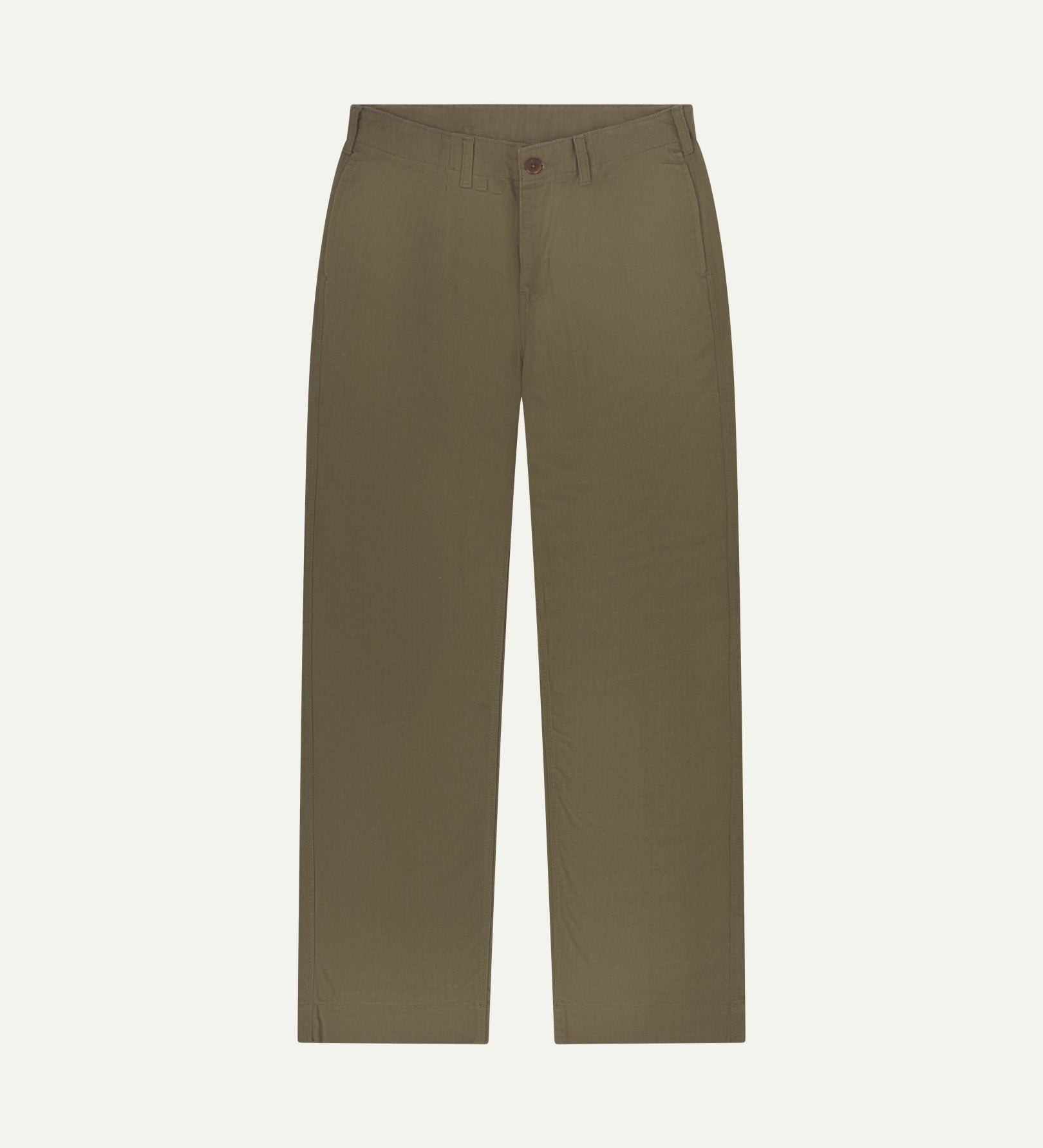 Front flat view of Uskees barrel leg pants in dark taupe. Showing Corozo button fastening, baggy fit with tapered cuff.