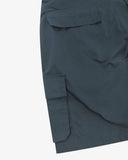 Close up back view of the jetted back pocket, elasticated waist and small Uskees tab label of the blueberry ripstop shorts.