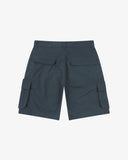 Back view of blueberry 5023 men's ripstop cargo shorts by Uskees. Clear view of the two back pockets with flaps and the Uskees branding tab of the left cargo pocket flap.