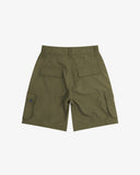 Back flat view of 5023 ripstop cargo shorts in ivy green. Indicating relaxed fit, two jetted flap pockets and small uskees tab label on left cargo pocket.