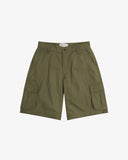 Front flat view of 5023 ripstop cargo shorts in ivy green. Indicating cargo and deep front welt pockets.