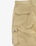 Close up back view of the jetted back pocket, elasticated waist and small Uskees tab label of the khaki ripstop shorts.