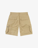 Back view of khaki 5023 men's ripstop cargo shorts by Uskees. Clear view of the two back pockets with flaps and the Uskees branding tab of the left cargo pocket flap.