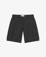Front view of black 5023 men's ripstop cargo shorts by Uskees. Clear view of zip fly, large cargo pockets, side pockets and 'hidden' zip pocket.