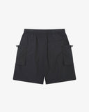 Back view flat shot of Uskees black Technique trekking shorts for men showing back welt pocket and two gusset pockets with elasticated toggles.