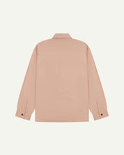 Reverse view of dusty pink, lightweight overshirt showing reinforced elbows, boxy silhouette and 'popper' cuffs.