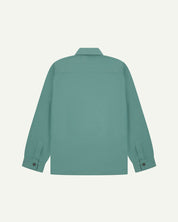 Reverse view of blue-green eucalyptus, lightweight overshirt showing reinforced elbows, boxy silhouette and 'popper' cuffs.