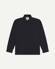 Front flat view of midnight blue, lightweight overshirt. Clear view of the press studs, breast pocket and Uskees branding label.