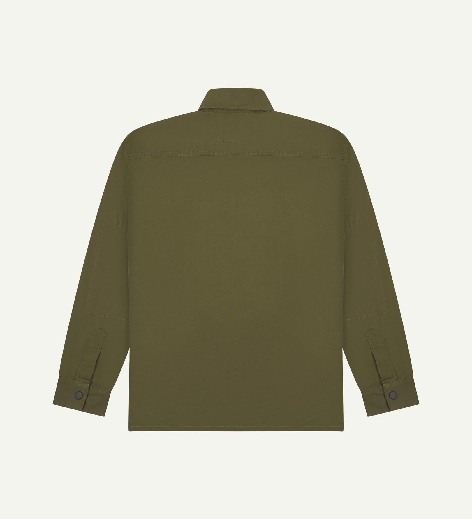 Reverse view of olive-green, lightweight overshirt showing reinforced elbows, boxy silhouette and 'popper' cuffs.