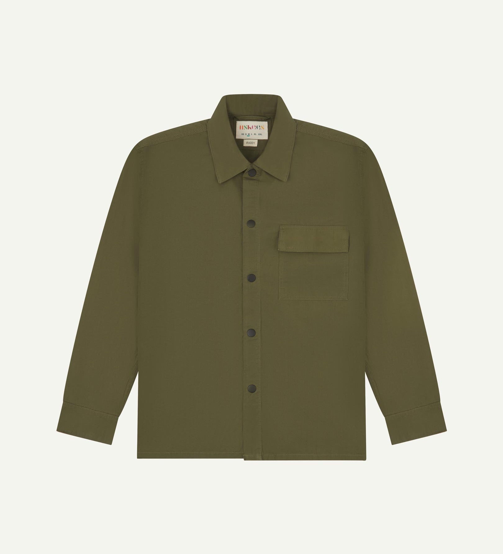 Front flat view of olive-green, lightweight overshirt. Clear view of the press studs, breast pocket and Uskees branding label.
