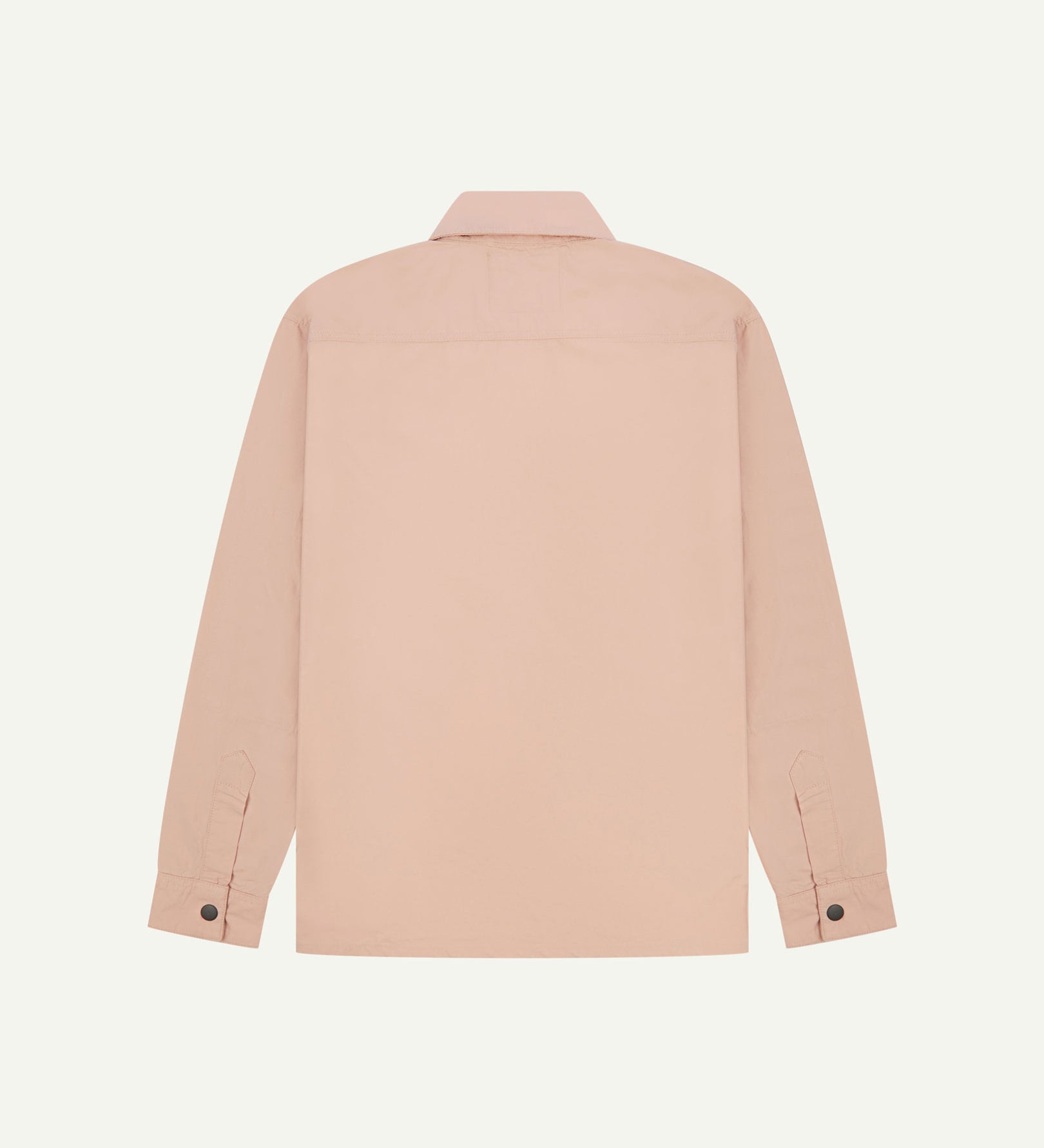 Reverse view of dusty pink, lightweight zip-front jacket showing reinforced elbows, boxy silhouette and 'popper' cuffs.