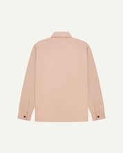Reverse view of dusty pink, lightweight zip-front jacket showing reinforced elbows, boxy silhouette and 'popper' cuffs.