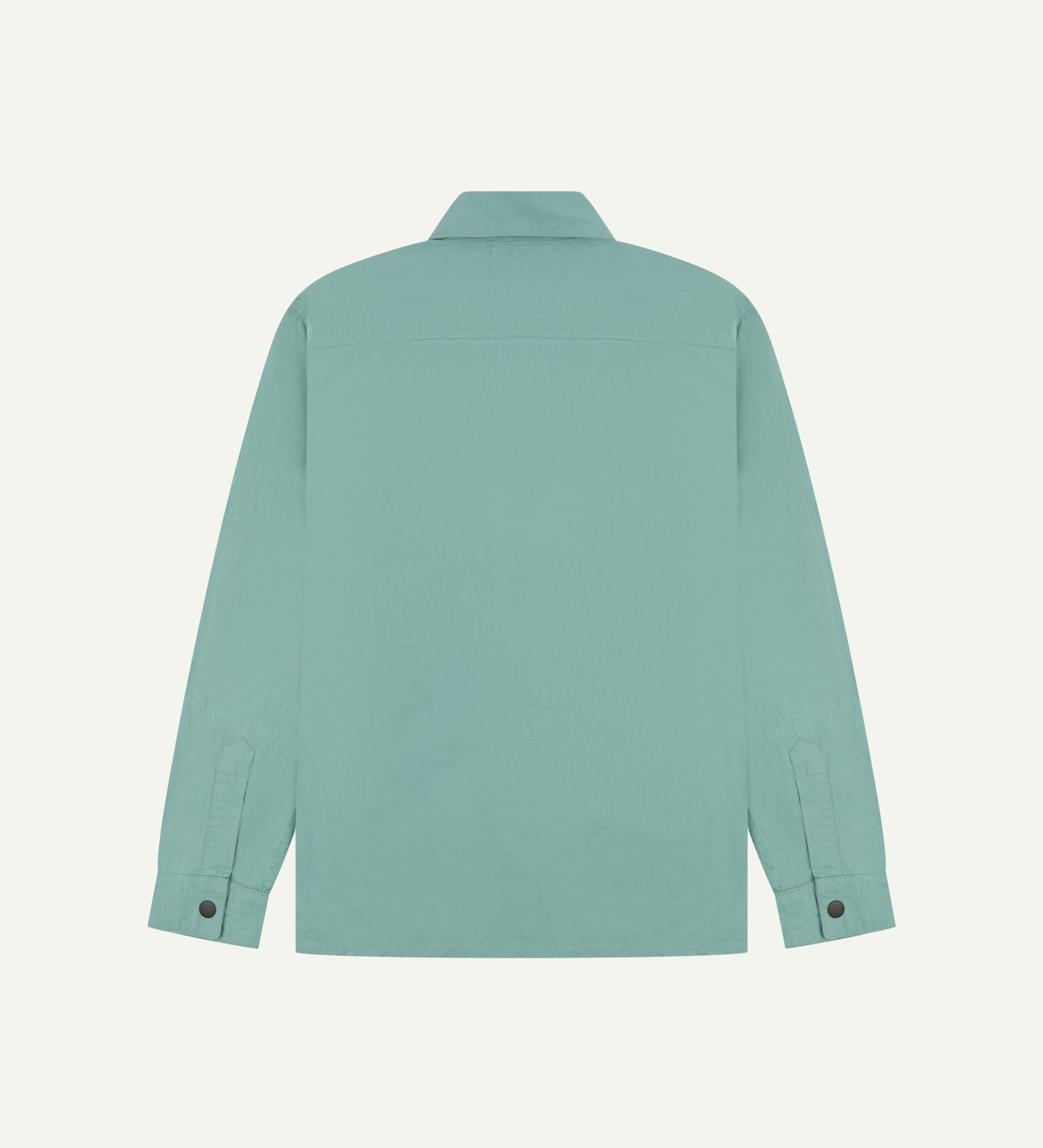 Reverse view of the blue-green 'eucalyptus' coloured, lightweight zip-front jacket showing reinforced elbows, boxy silhouette and 'popper' cuffs.