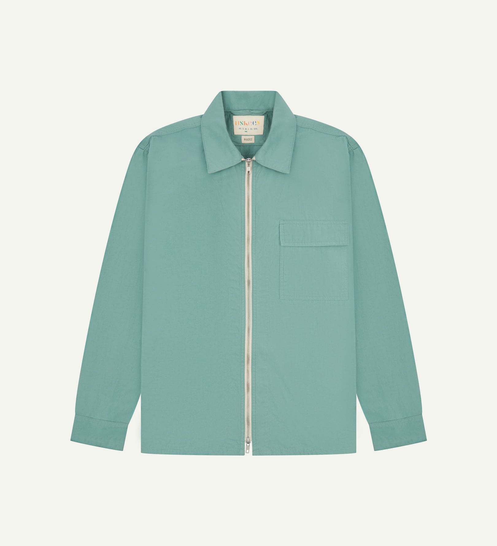 Front flat view of the blue-green 'eucalyptus' coloured, lightweight zip-front jacket. Clear view of zipper, breast pocket and Uskees branding label.