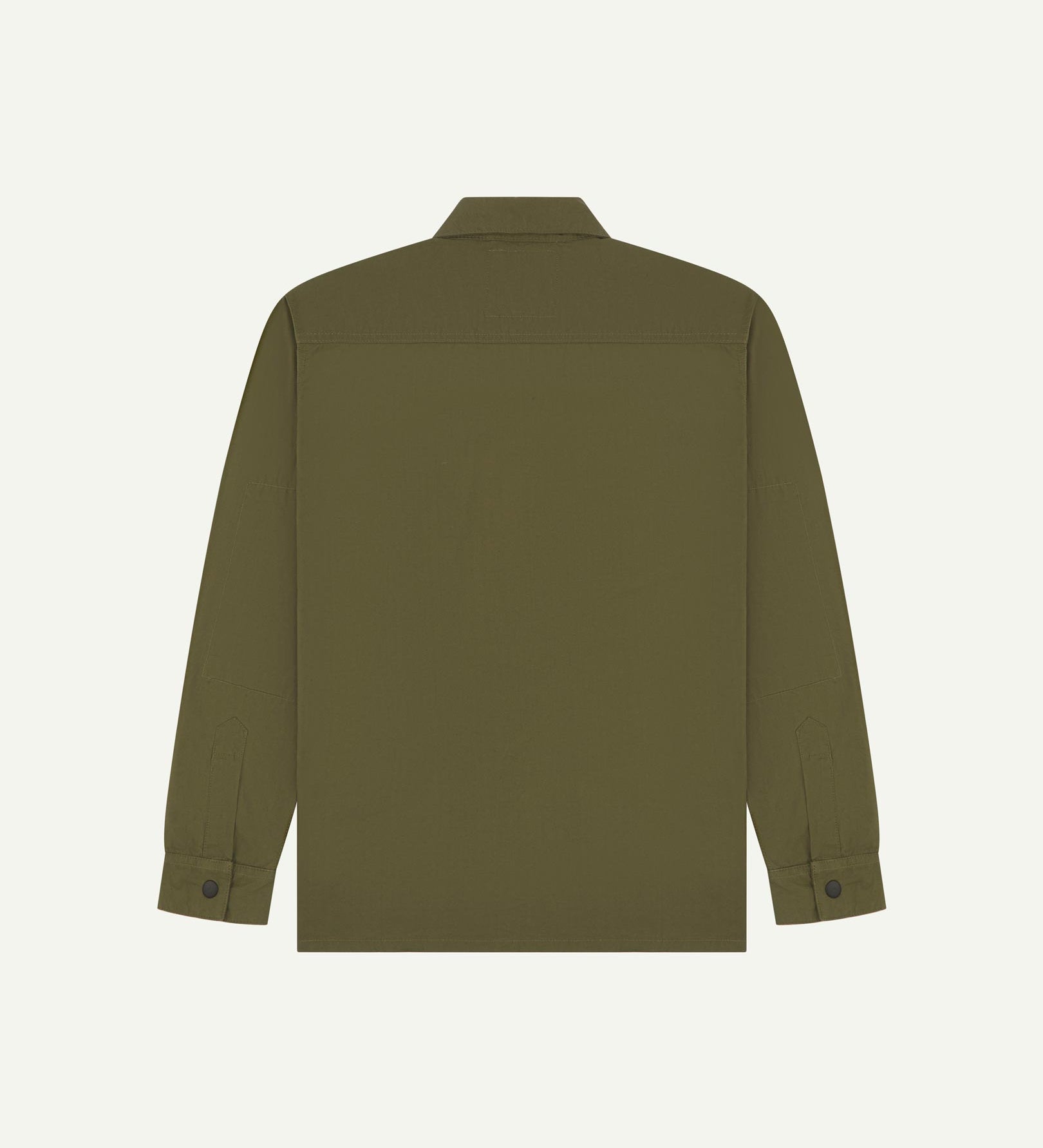 Reverse view of olive-green, lightweight zip-front jacket showing reinforced elbows, boxy silhouette and 'popper' cuffs.