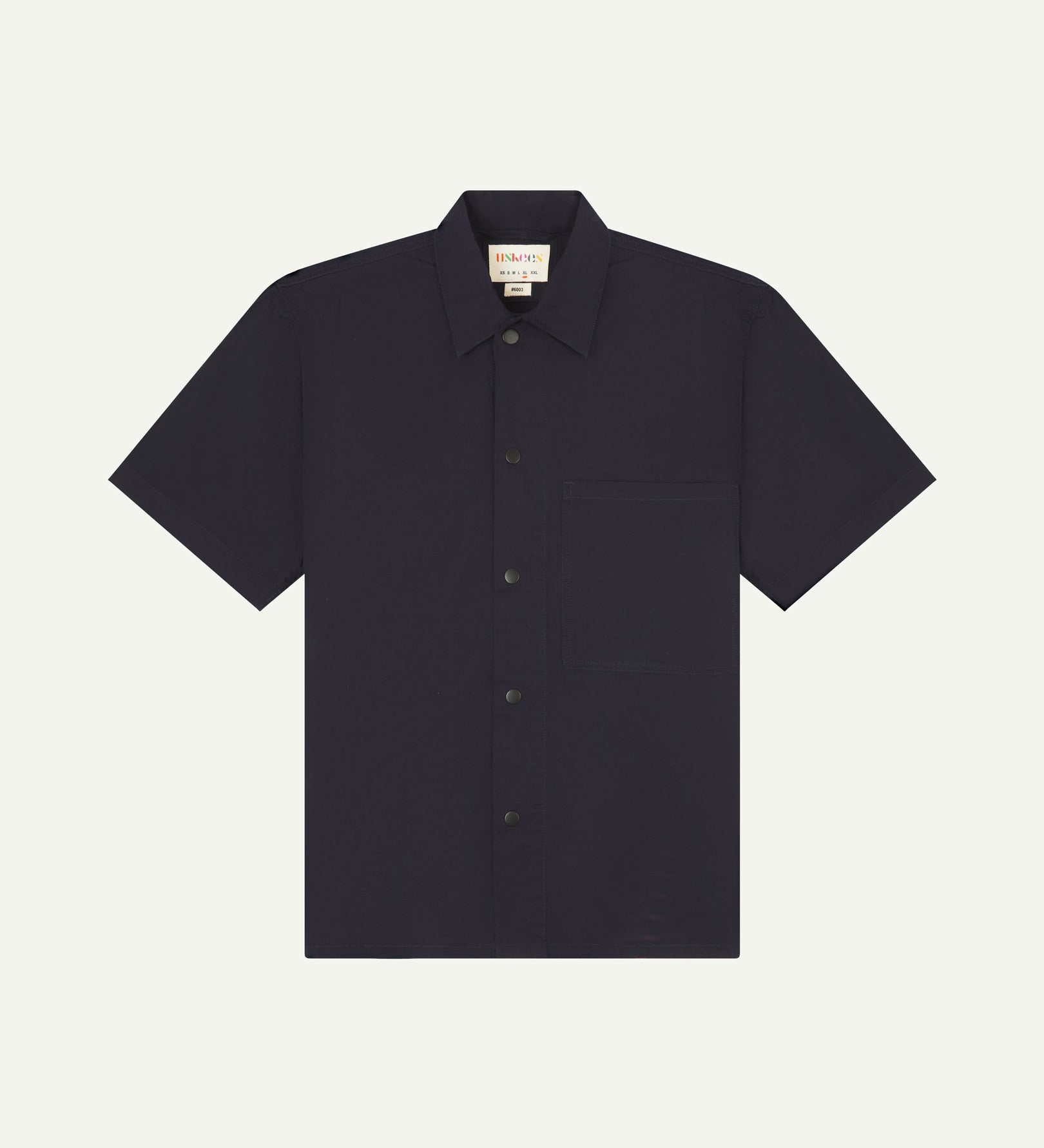 Front flat view of midnight blue buttoned organic cotton lightweight short sleeve shirt from Uskees.