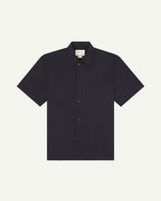 Front flat view of midnight blue buttoned organic cotton lightweight short sleeve shirt from Uskees.
