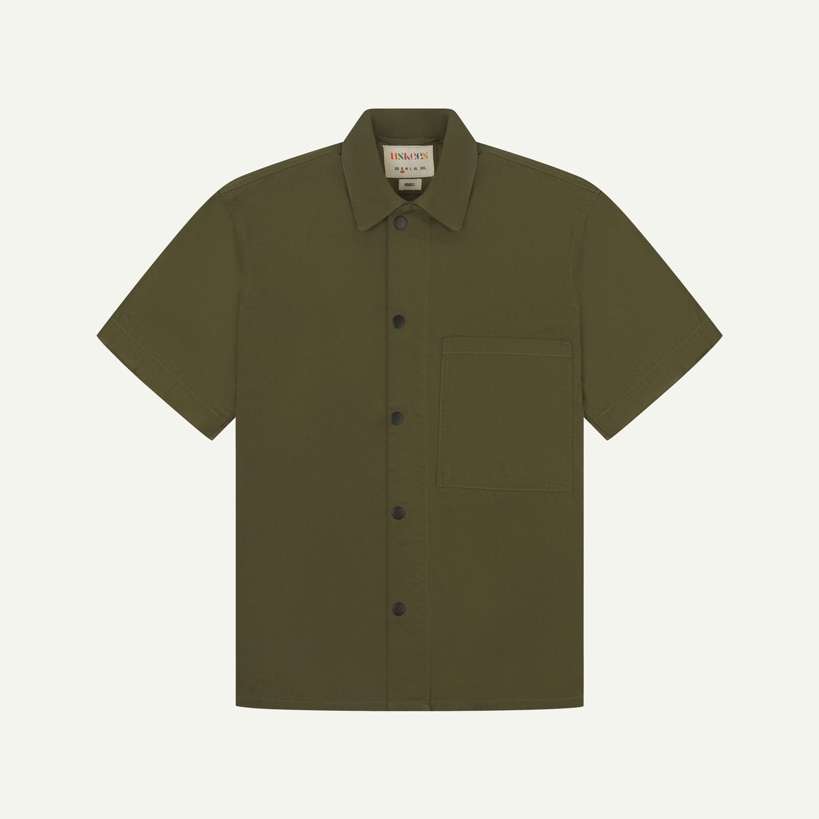 Front flat view of olive-green buttoned organic cotton lightweight short sleeve shirt from Uskees.