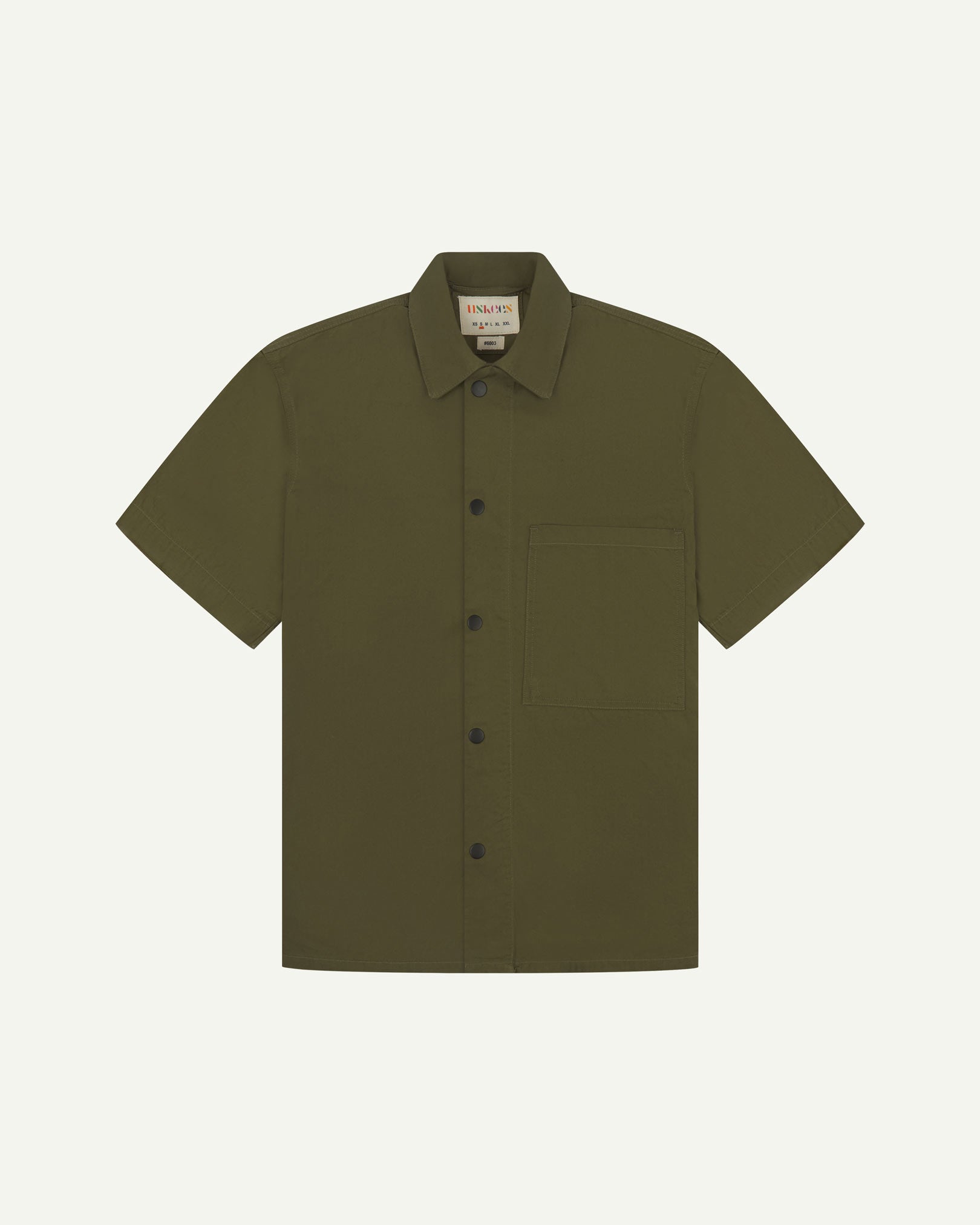 Front flat view of olive-green buttoned organic cotton lightweight short sleeve shirt from Uskees.
